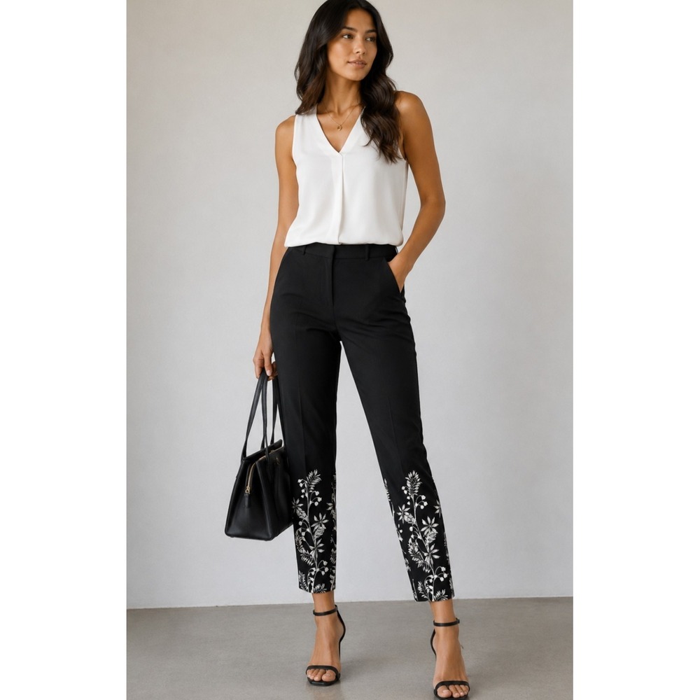 Alfani Pants Womens 2 Black White Floral Ankle Slim Stretch Career Dress Work